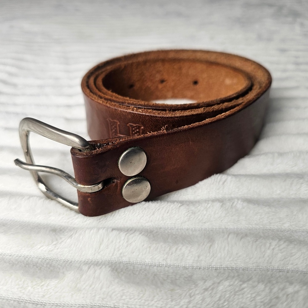 Mens Brown Leather Belt 32 Lion Buckle SAAH Western Americana Rugged